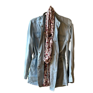 ISO Denim Shacket Gap 1969 Cinch Waist Snap Button Down Collarless Jacket Shirt